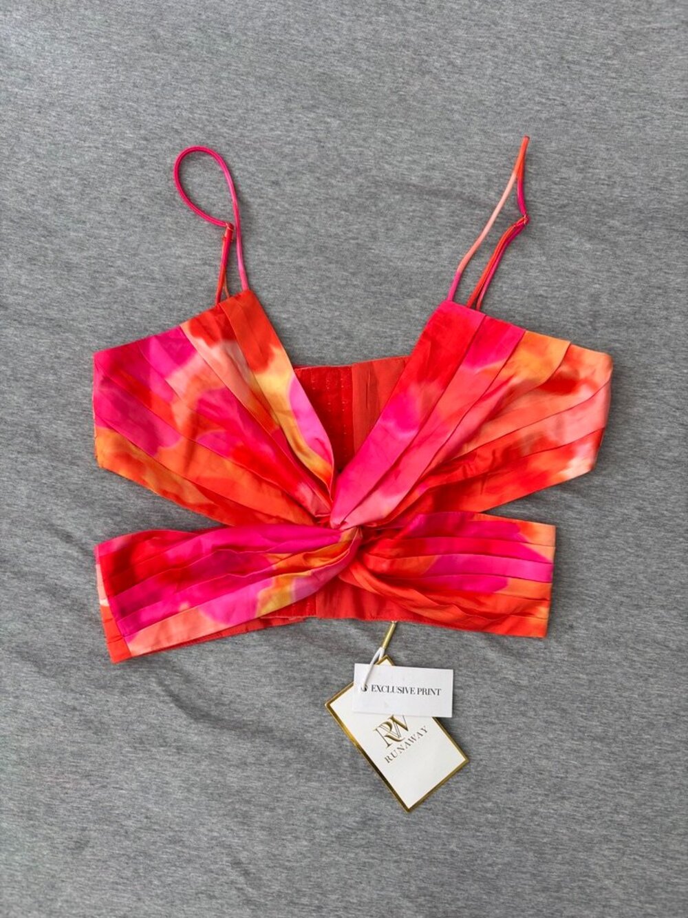 Runaway The Label Oralie Pleated Cutout Crop Top Orange Pink Floral V-Neck M NWT